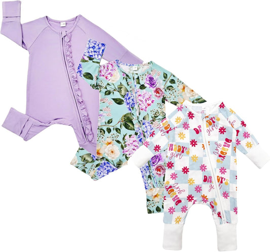 Bow Dream Bamboo Baby Boy Romper Footed Long Sleeve Footies Newborn Girl Clothes Footless with Zipper and Mitten Cuffs